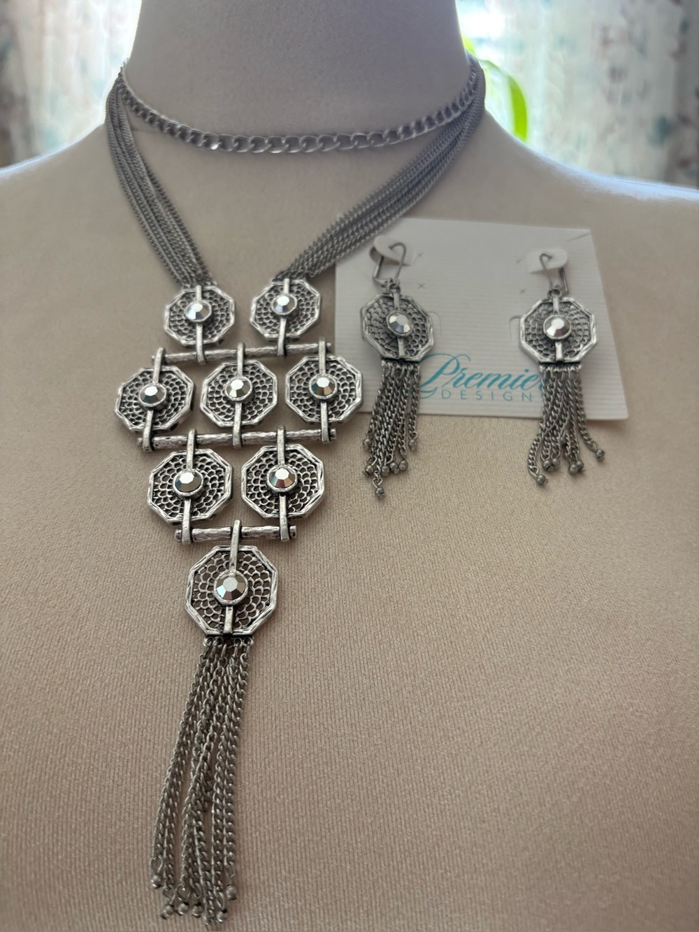 Premier Designs Silver-Tone Octagon Medallion Necklace with Tassel Earrings